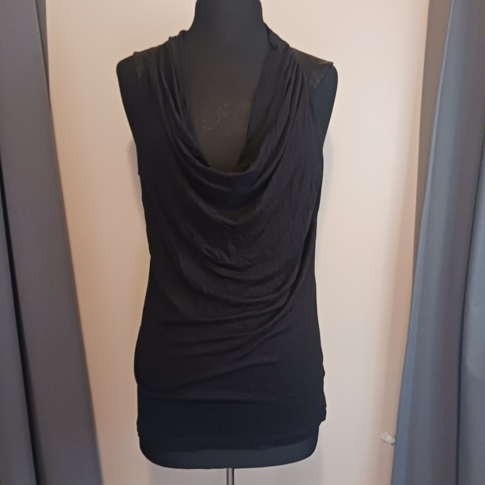HM Black Cowl Neck Tank Top Sleeveless Draped Satin Yoke Jersey Womens Large